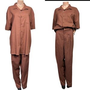 St Patrick Leisure Suit Brown Linen  2 piece outfit set Size L 40 X 32